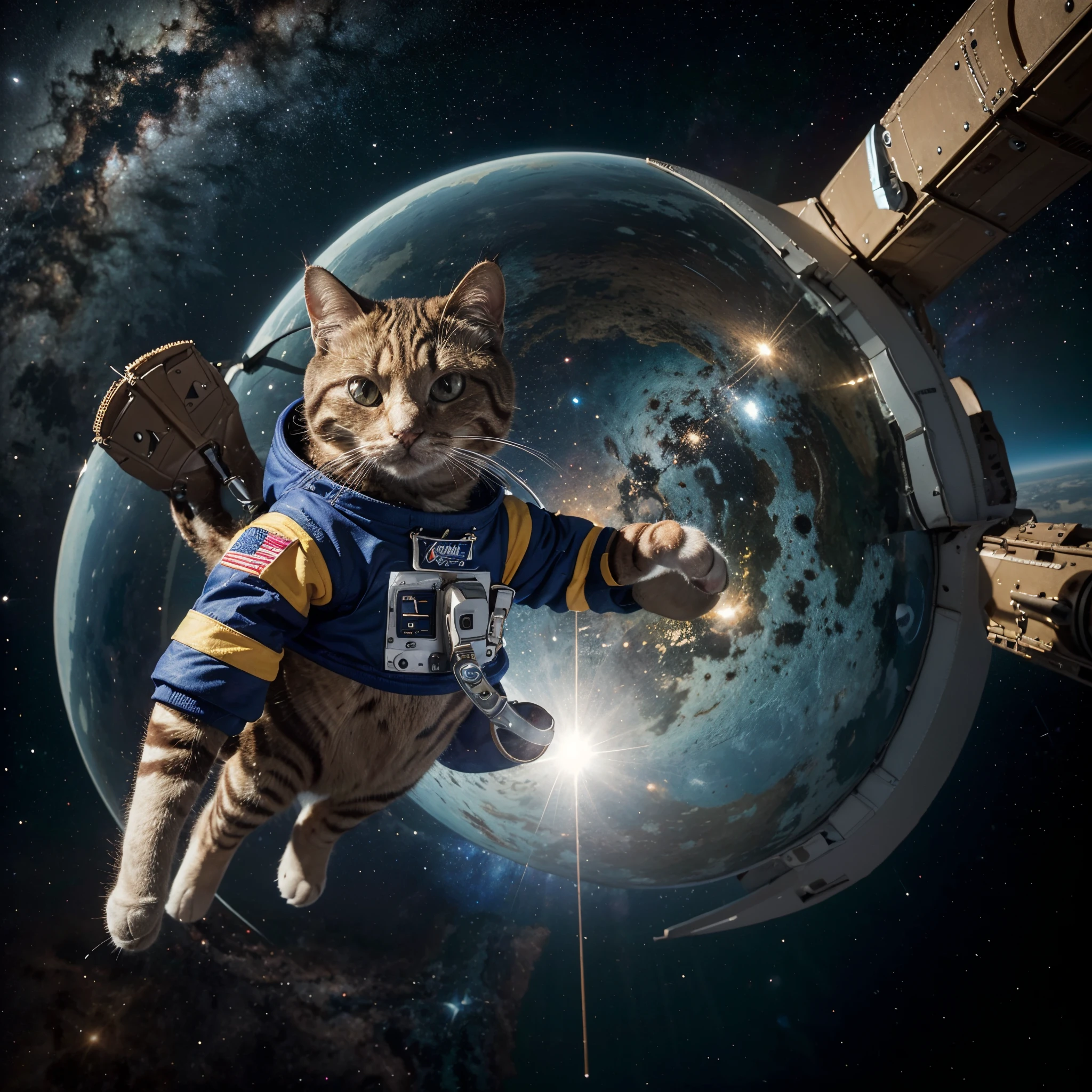 ((Gato)) gato com roupa de astronauta, Hyperdetailed astronaut holding a balloon, Flying through outer space, fundo preto feliz, Alegre, floating in outer space, ....3d, Efeito Pop Art, Detalhe brilhante, fundo preto, 5ABCB9 hexadecimal code colors, 63E2C6, FB6376, 613F75, 0C6291