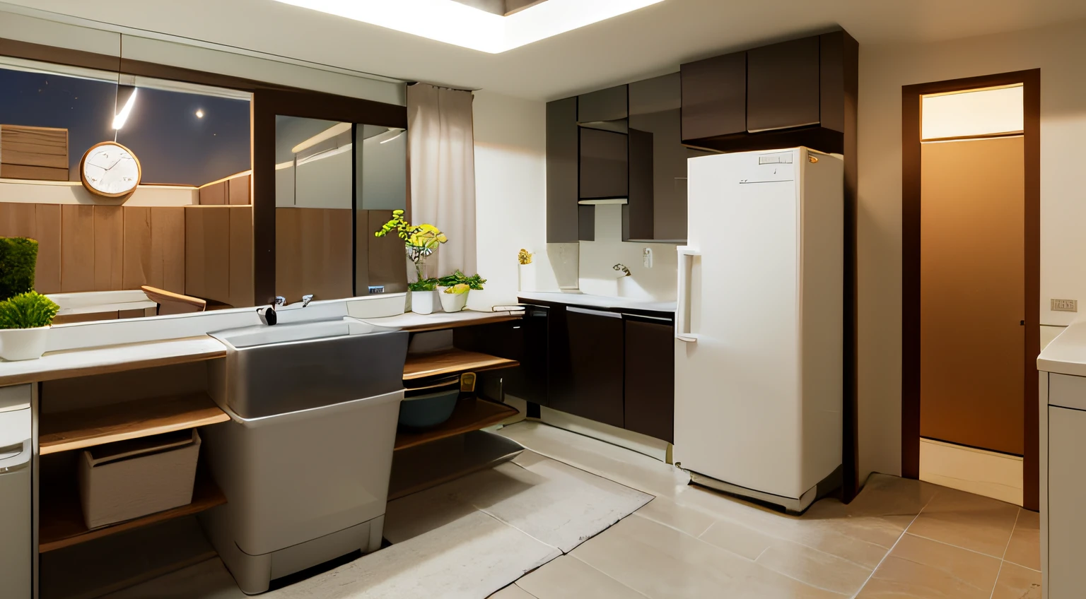 best quality, illustration, JML, scenery, indoors, sink, window, washing machine, clock, cabinet, door, night,