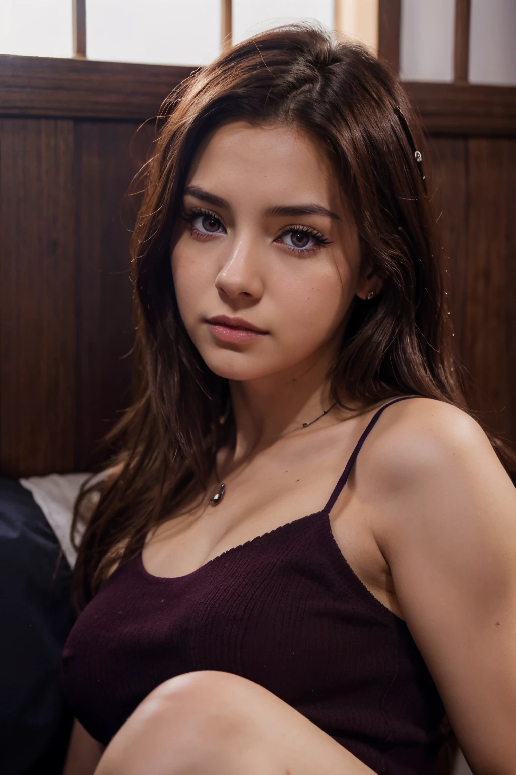 Haz una imagen de una mujer peli morada, con ojos rojos, pechos algo grandes, y unos buenos muslos estilo anime realista