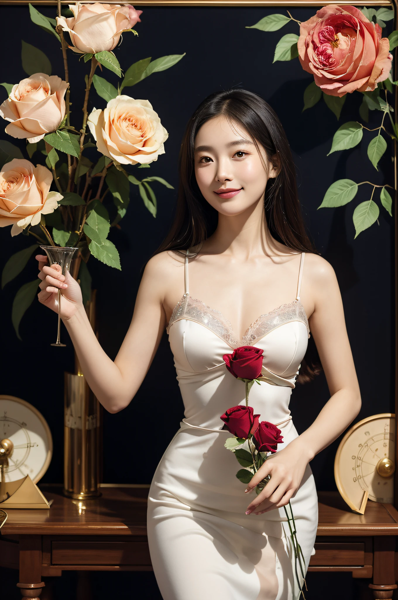 Geometry,stain glass,12 zodiac signs,Vigée Leblanc style,Math、Astronomical utensils,astronault,Roses in a vase,fruits,cute little,A smile,Ancient Greek costumes,Paintings by Sandro Botticelli,Costume with stretched shoulders,huge smile,large full breasts,Ecstasy expression,A sexy