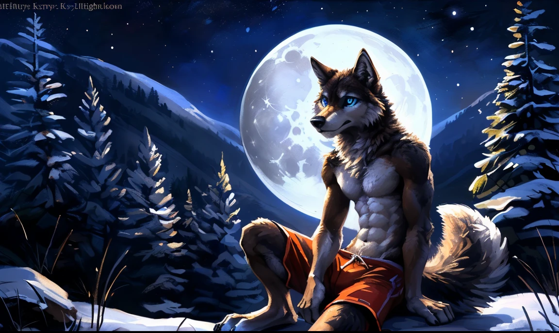 ((Solo)), male people, anthro wolf, (Multi-colored fur, White-brown:1.3, White tail pointed), (Height 2.1 meters,Tail length 1.5m), ((Wolf face, Big eyes, White eyelids, Blue pupil, Slim:1.2) (Tough, Calm expression:1.2)), Abs, Slim, pinging)), (Correct body anatomy), (Work shorts:1.1), The upper body is naked, (detailed outfits),A long big tail,(Realistic fur, Detailed fur texture, labeled:1.3)), (Natural lighting), Photorealistic, Hyperrealistic, ultradetailed, by Kenket,the night,Sit alone,Forest,Look at the full moon,It was dark,Starry