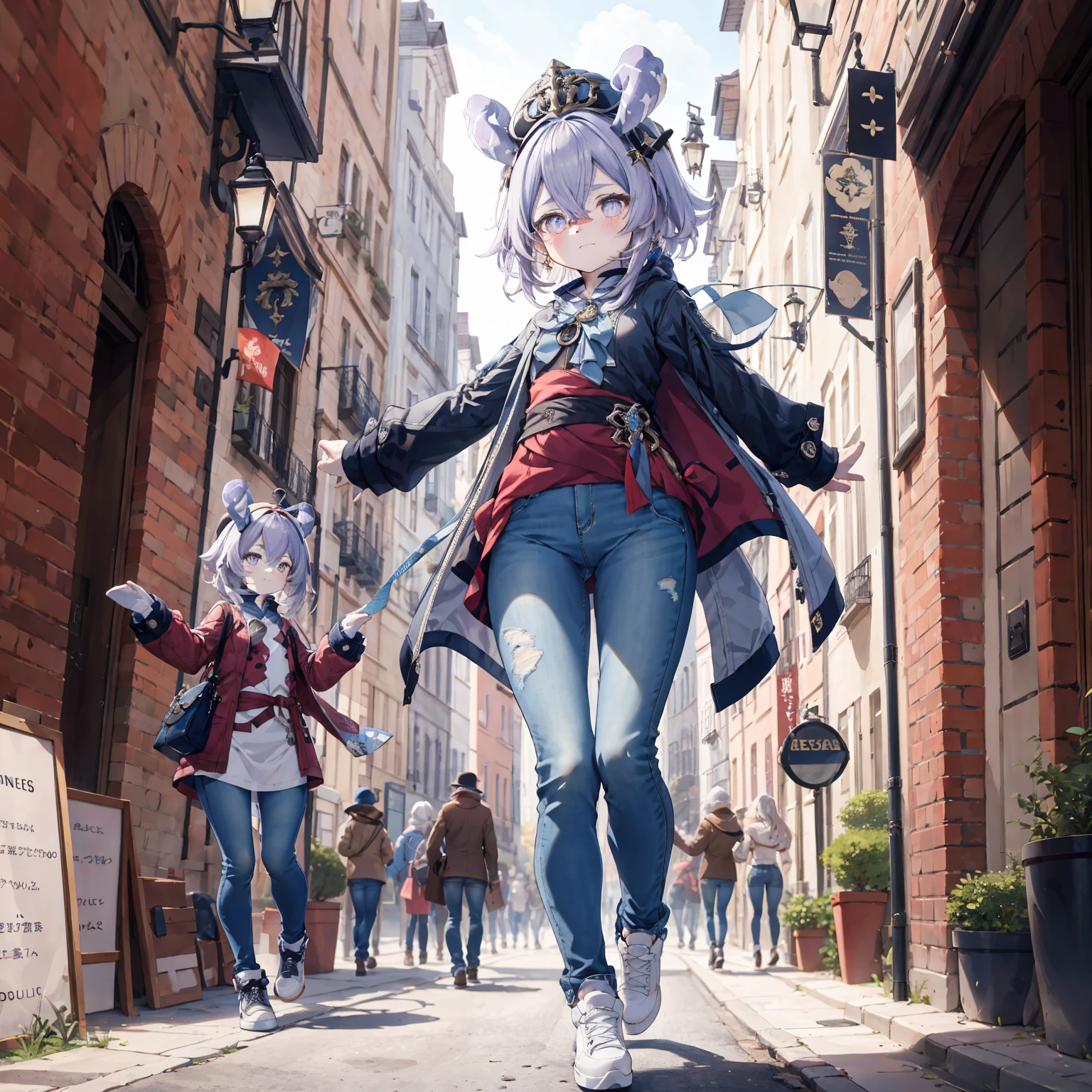 Melousine|genshin impact, masterpiece, bestquality,3 girl,young girl, Long Jeans, Wear glasses, purple hair color, long hair in a ponytail,,unstable _Front,oily shiny skin,flat chest,nice leg line:1.3,thick thighs, thin-waist,, red_streaks_light_wrap_dress, white_platform_sneakers, woven_El_bag, straw_headgear, gold_hoop_earrings, jacket, In a 19th century French town, long jeans city scenery,looking at the audience,From Top:1.2,dynamic angle