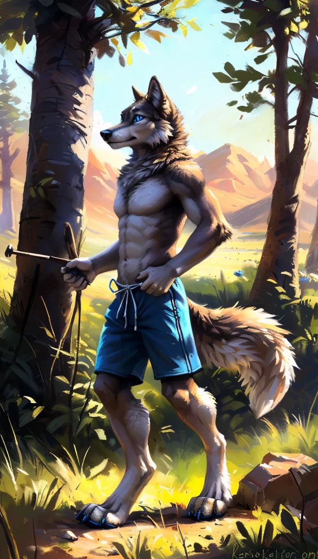 ((Solo)), male people, anthro wolf, (Multi-colored fur, White-brown:1.3，White tail pointed), (Height 2.1m,Tail length 1.2m), ((Wolf face, Big eyes, White eyelids, Blue pupil, Slim:1.2) (Tough, Calm expression:1.2)), Abs, Slim, pinging)), (Correct anatomy), (Work shorts:1.1), The upper body is naked, (detailed outfits),A long big tail，Feet，(Realistic fur, Detailed fur texture, labeled:1.3)), (Natural lighting), Photorealistic, Hyperrealistic, ultradetailed, by Kenket，Endless grasslands，There are no trees，There are no big stones，No artificiality，erect through，Running on