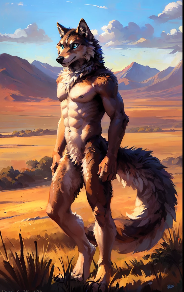 ((Solo)), male people, anthro wolf, (Multi-colored fur, White-brown:1.3,White tail pointed), (Height 2.1m,Tail length 1.5m), ((Wolf face, Big eyes, White eyelids, Blue pupil, Slim:1.2) (Tough, Calm expression:1.2)), Abs, Slim, pinging)), (Correct anatomy), Naked all over the body,A long big tail,Feet,(Realistic fur, Detailed fur texture, labeled:1.3)), (Natural lighting), Photorealistic, Hyperrealistic, ultradetailed, by Kenket,Endless grasslands,No artifacts