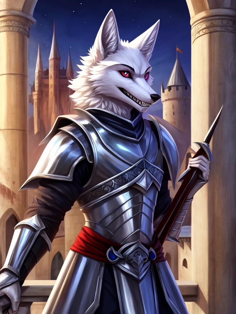 White fox, Put on a shiny silver knight outfit. , The left eye is purple. , red right eye , holding a black sword in hand , Standing on the castle balcony , Looking straight ahead , Smile at the corners of your mouth. ,bitter sharp teeth , Those handsome faces