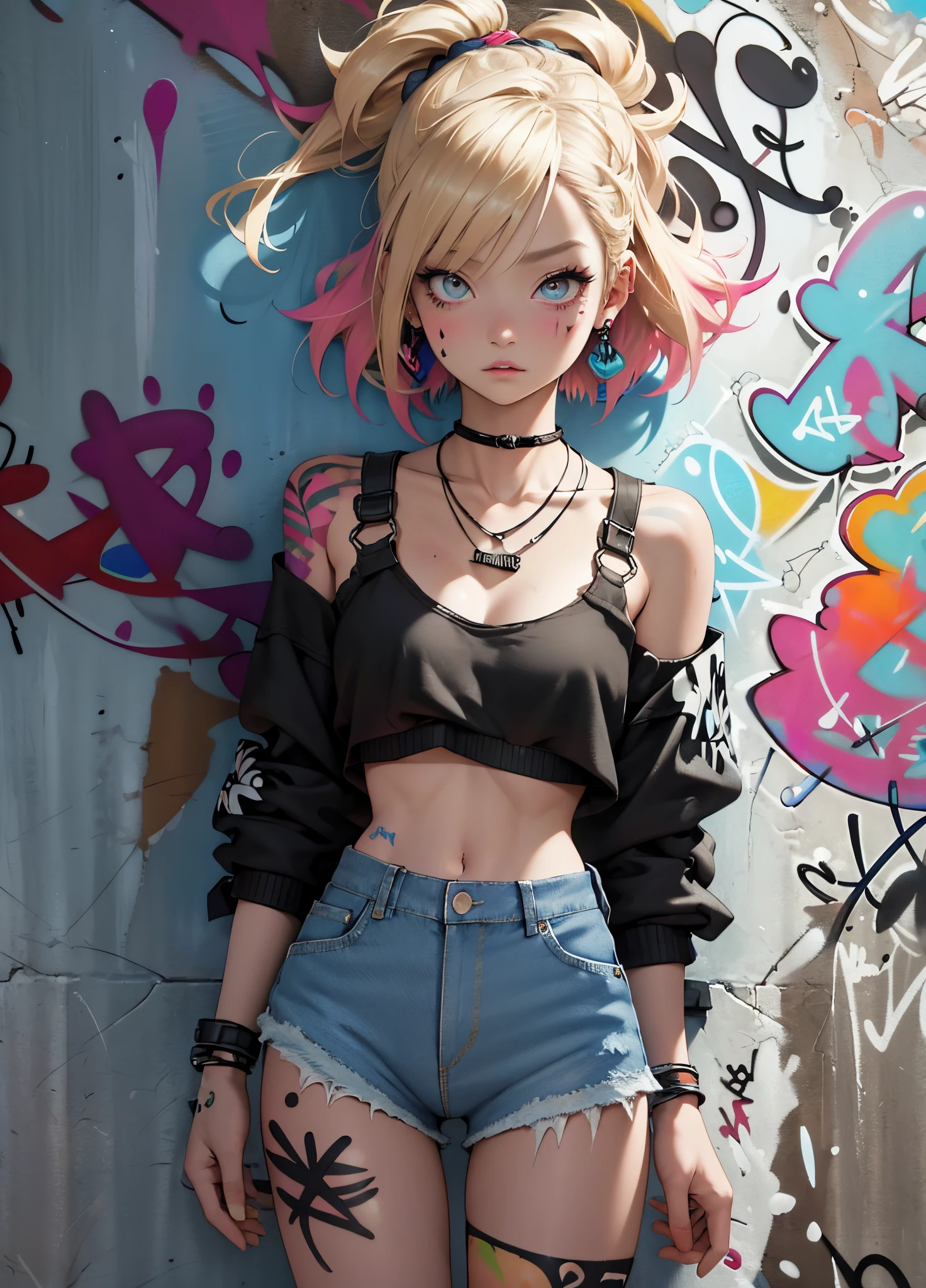 masutepiece, Best Quality, Realistic, One Woman、a blond、Solo, croptop , Denim shorts,Loose Socks、boots、 Necklace, (Graffiti:1.5), Paint splashes, behind arms, against a wall, gaze at the audience, Armbands, Thigh straps, paint on body, Head tilt, boredom, multicolored hair, aqua eyes,