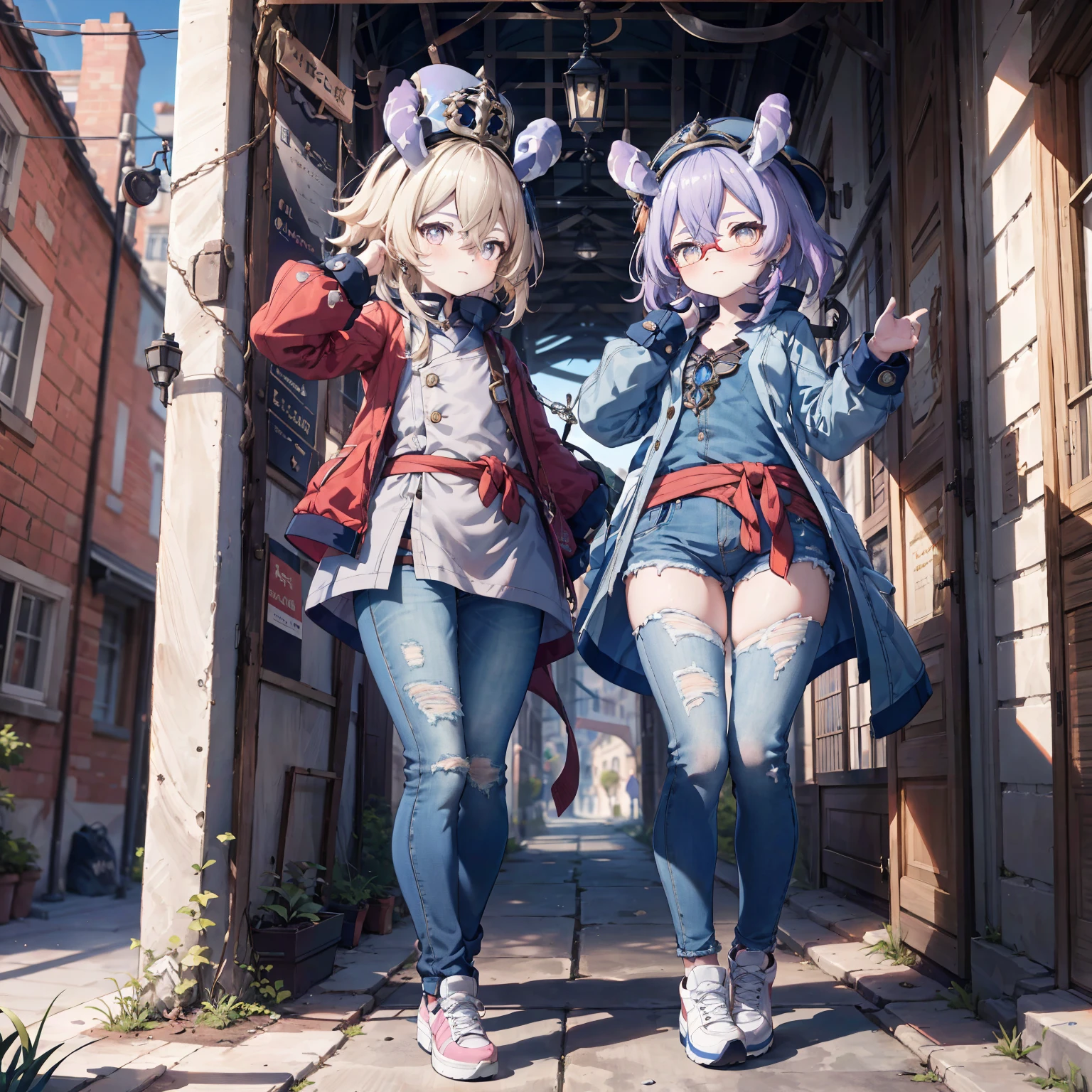 Melousine|genshin impact, masterpiece, bestquality,3 girl,young girl, Long Jeans, Wear glasses, purple hair color, long hair in a ponytail,,unstable _Front,oily shiny skin,flat chest,nice leg line:1.3,thick thighs, thin-waist,, red_streaks_light_wrap_dress, white_platform_sneakers, woven_El_bag, straw_headgear, gold_hoop_earrings, jacket, In a 19th century French town, long jeans city scenery,looking at the audience,From Top:1.2,dynamic angle