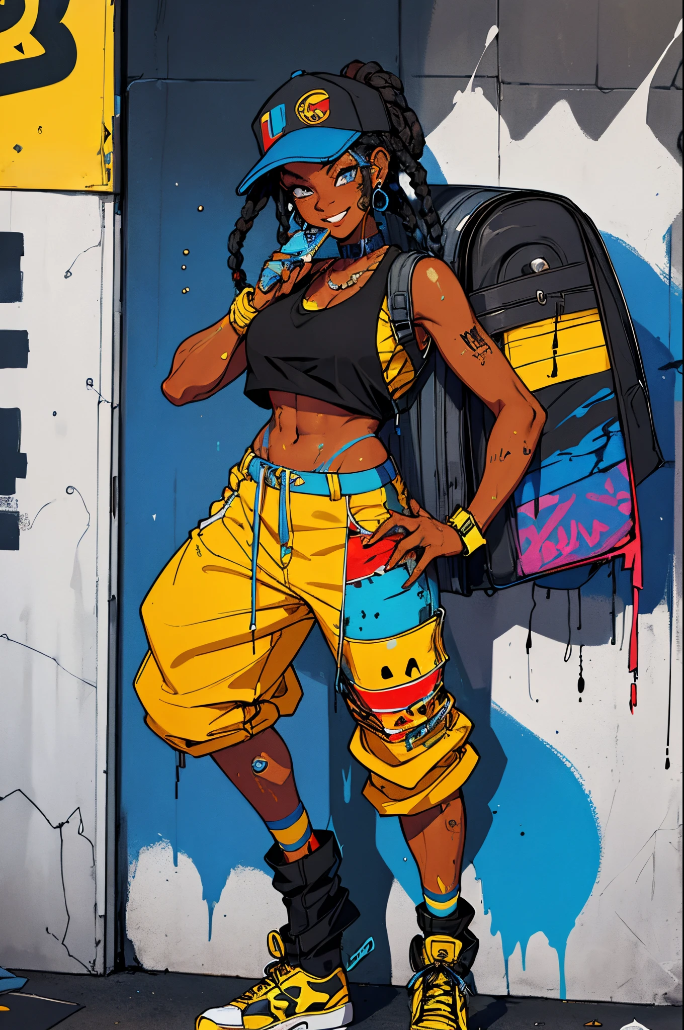 a black girl graffiti artist, DJ, Music, Black and blue hair dreads, music urban, snapback hat, vigilante, vibrant fan art, backpack, hip-hop, tank top, headphones on ear, spray paint cans accessories, music, sexy, tight clothing smiling, fit, hot, sweaty, blue piercing,  (red, yellow, blue clothing) ( Masterpiece) ( Best Quality)