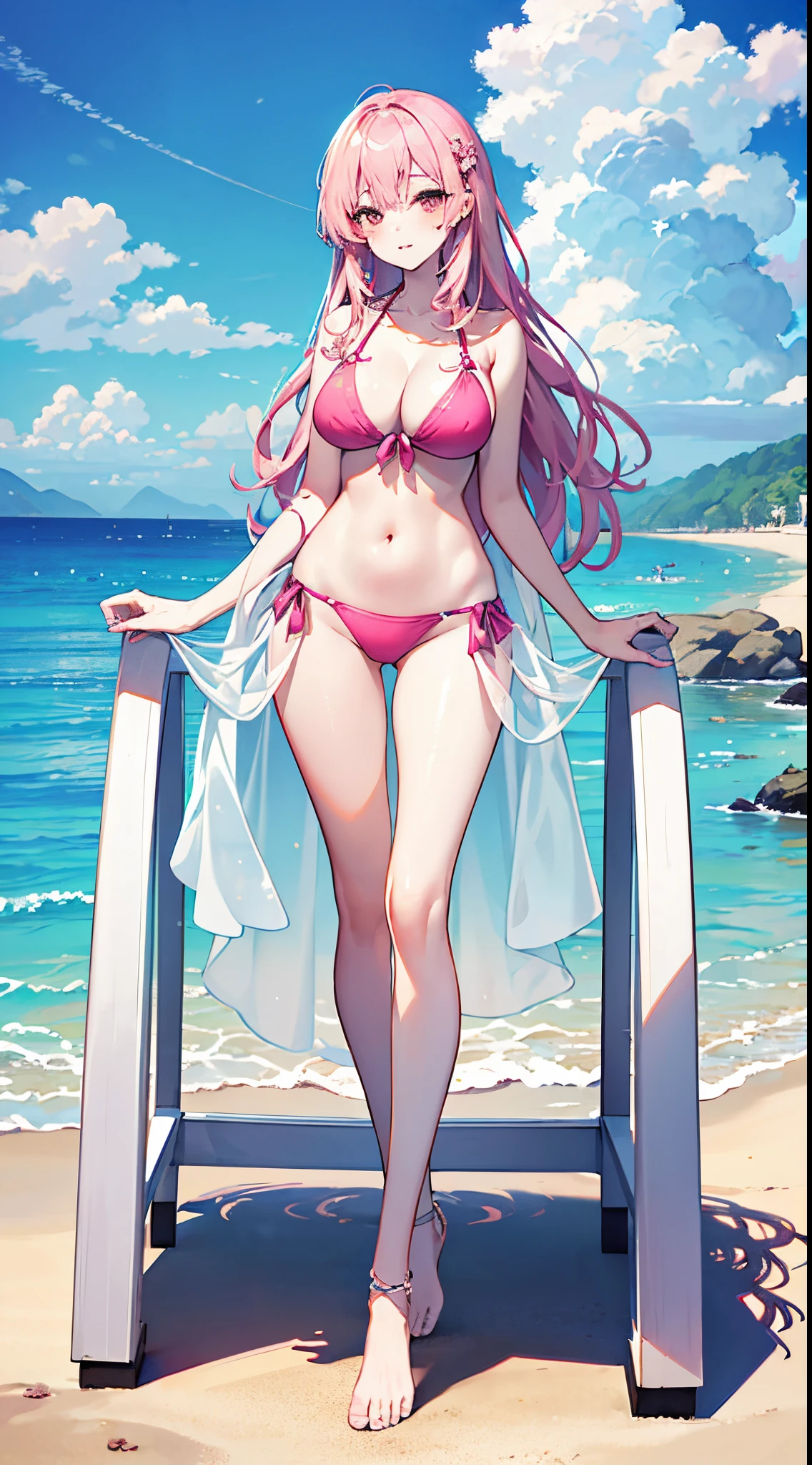 Pink long hair girl，sexy for, Cute and well-behaved，elongated, Slender white legs，The body proportions are perfect, long slim figure, fully body photo，Hot pink tulle see-through bikini，The breasts are slightly bigger，hot beach，The barefoot