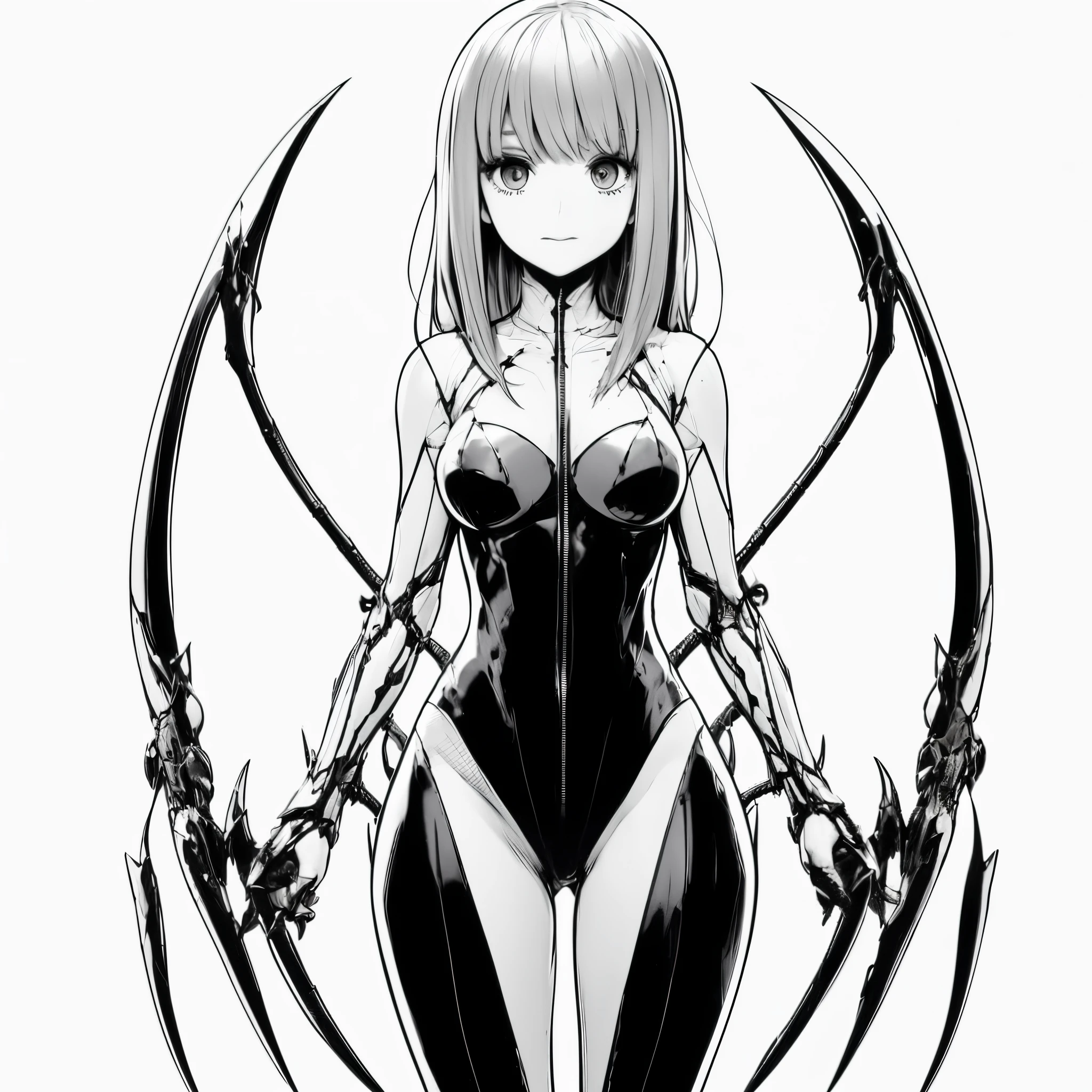 Girl in a bodysuit. she is the only woman. She is biological armor. Crystals shining in costume. He has a sickle-shaped weapon in both hands.. Full body image.