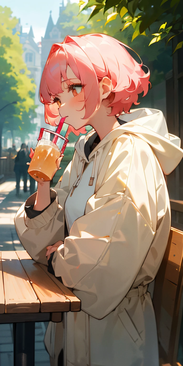 ((masterpiece,top-quality,hight resolution,8K picture quality,top-quality)),1girl in,((extra detailed face)),a 20 yo woman,Hyper Detail,Sunbeams shining through the leaves, delicate eyes,Golden eyes,A pink-haired,profile,((The upper part of the body:1.5)),Looking at the camera,a smile,natural perm short hair,voluminous hair,Elbow,((Drink a drink through a straw)),Oversized jackets,Hooded trainers,cafe terrace,Wooden table,cream soda,