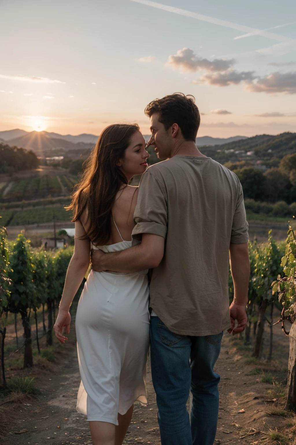Couple back to back holding hands vineyard scenery at sunset