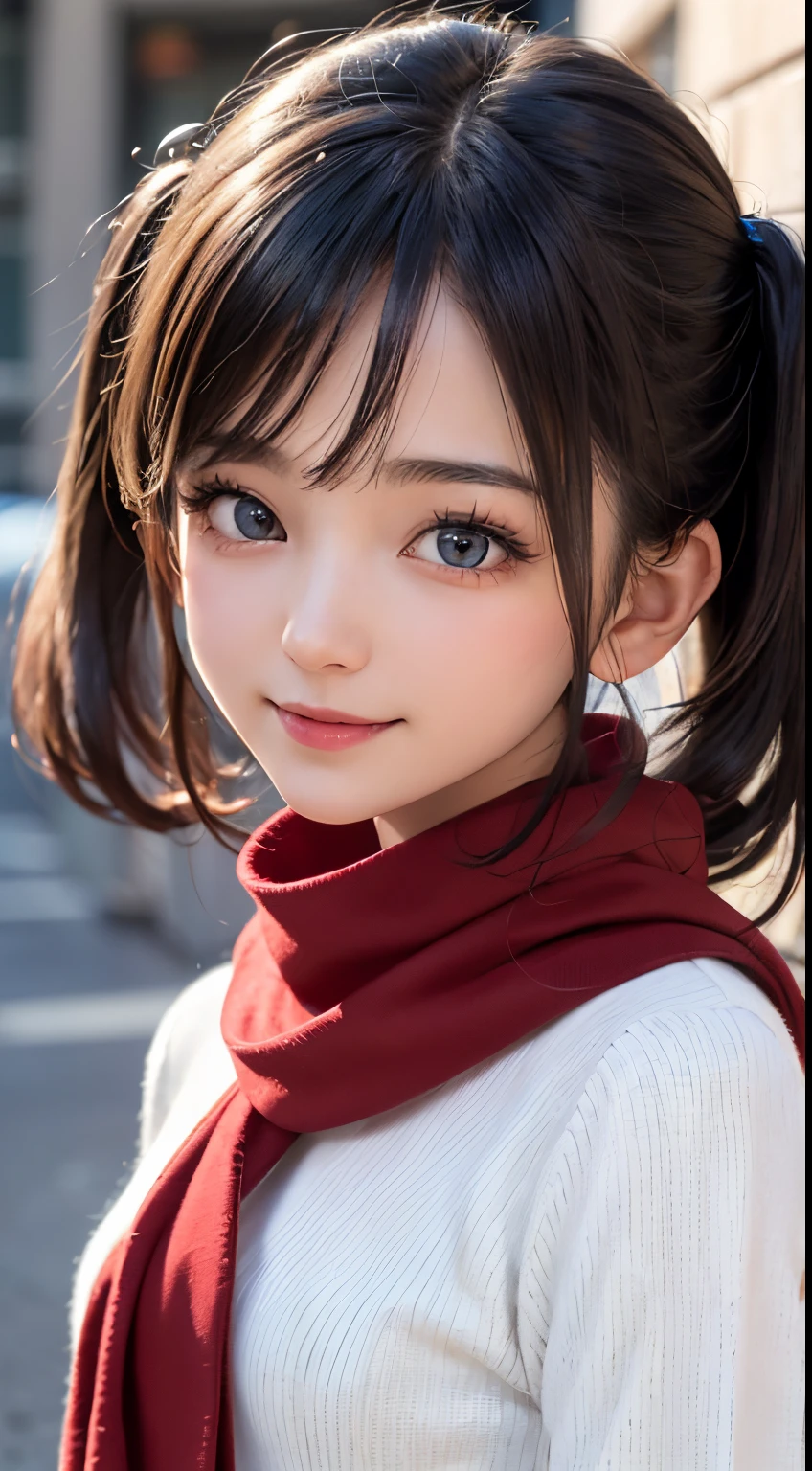 ((best quality, 8K, masterpiece)), ultra detailed, sharp focus, 1 cute girl, (small breasts), (white cropped sweater), ((red scarf)), highly detailed face and skin texture, ((detailed eyes)), ((beautiful eyes:1.2)), (smile:1.15), (twintails), ((three-quarter length))