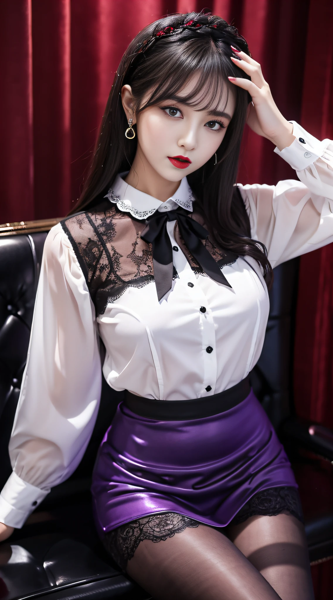 Charming beauties、校服、blouse、tight skirts、Evil Female Executive、Evil Fall、dark、brainwash、panthyhose、lacy fabric、Glossy legs、Red lipstick、Evil look、Suspicious look、Hollow eyes、darkened room、Night、wicked、drink purple liquid、seductiv