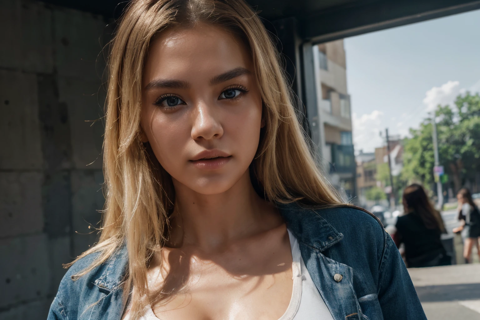 beautiful korean model woman with blonde hair using black tank top with denim jacket, detail face, she have a very bright eyes, realistic face, detail face, realistic skin, skin pore, vibrant, dramatic lighting, 8k resolution picture, high detail on the photo, very realistic picture, dramatic lighting, shadow, dramatic shadow, one of a kind photo, sharp photo, sharpness on the detail, looking at viewer, view from front, (((Best Quality, masutepiece: 1.3)), long hair, ultra high res. street background, blonde hair, high quality, masterpiece, 8K, UHD, UHD, retina, masterpiece, retina, UHD, masterpiece, ccurate, textured skin, super detail, high details, high quality, highres, best quality, award winning, 16k
