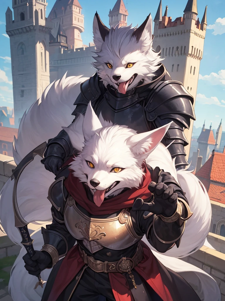 White fox, Dressed in a shiny silver knight outfit.... , The left eye is purple.... , Red right eye , holding a black sword in hand , standing on the castle balcony , Look straight ahead... , smile at the corner of your mouth. ,bitter sharp teeth , Those handsome faces