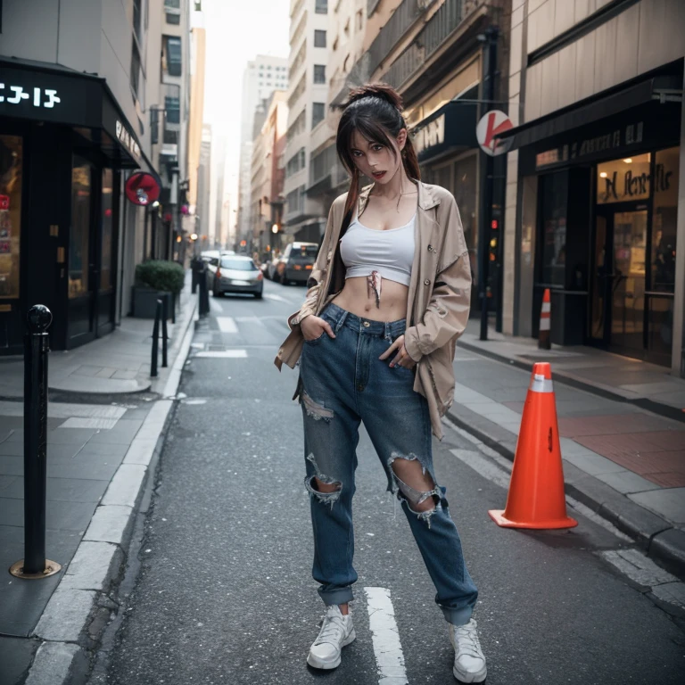 Zombie girl,Raised sexy,The clothes are torn,Stand on the street,Standing with twisted hands and feet,
