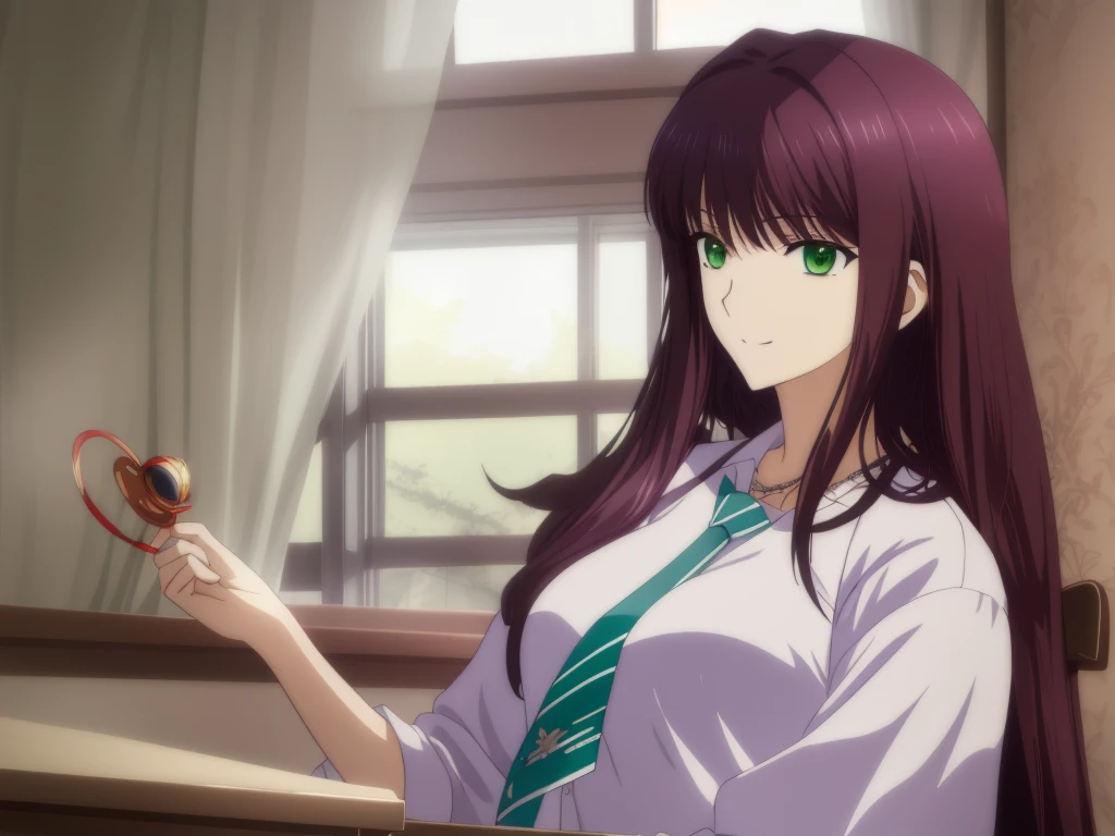 anime girl sitting at a desk with her hand on her chin,Anime scene of a girl sitting at a desk in the classroom,8K UHD, hight resolution,Very detailed CG, High quality shadows, Detail Beautiful delicate face, Detail Beautiful delicate eyes,BREAK(Very detailed 8k wallpaper),(Highly detailed CG 8K wallpaper),Makima (chain saw man),Sukasaha (Fate/grand order),Shimohira Reihua ,Hi-Res,Very delicate and beautiful CG illustration,top-quality,Realistic skin feeling,Realistic fabric,Realistic texture,beautiful thigh,big breasts thin waist,(((masutepiece))), (((Best Quality))),8K,32K,​masterpiece,beautiful alluring anime woman,ultra-definition,ultra-detailliert,hight resolution,a hyperrealistic schoolgirl,masuter piece, Best Quality, High quality, High Definition, high quality texture, high quality shadow, high detailing,finely detail,1girl in,High school students,Solo,Soio,Only one person,Alone,One Person,tall,AS-Adult,Mature atmosphere,Leg length,neat and long legs,8 Head Body,stature:171cm,Mature girls,Reddish-purple hair,Reddish-purple hair,Purple hair,cassis colored hair,silky and smooth hair,Colorful hair,Straight hair,Smile,Smiling happily,lively expression,Cute smile,Cool Beauty,Beautuful Women,Neat face, Beautiful realism,Seductive look,Bewitching look,serene expressions,beautiful hairl,She wears a necklace around her neck,Necklace,bead necklace,magatama accessories,A slight smil,Colorful eyes,green colored eyes,Jade-colored eyes,beautidful eyes,Bright eye,Delicat eyes,Eyes Like Gems,Jade Eyes,Hanging eyes,(Green eyes:1.5),Seductive face,((White collared shirt)),Button shirt,neck tie,Red tie,校服,High school students,School Sweater,Dark grey sweater,plaid skirts,school buildings,by the window,‎Classroom,student desk,School Chairs,Schools,