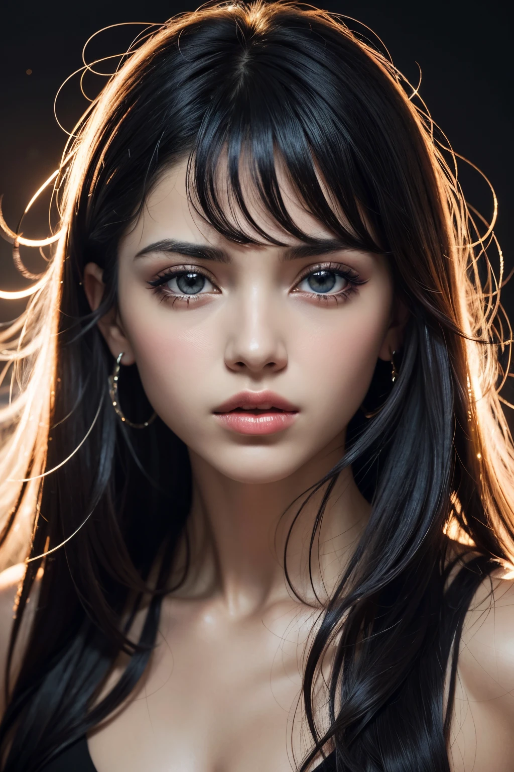 1girl, Ojo de estrella, sonrojarse, perfect ilumination, Pelo rojo, ojos rojos, Motor irreal, sidelit, Cara detallada, flequillo, piel brillante, Fondo simple, fondo oscuro
