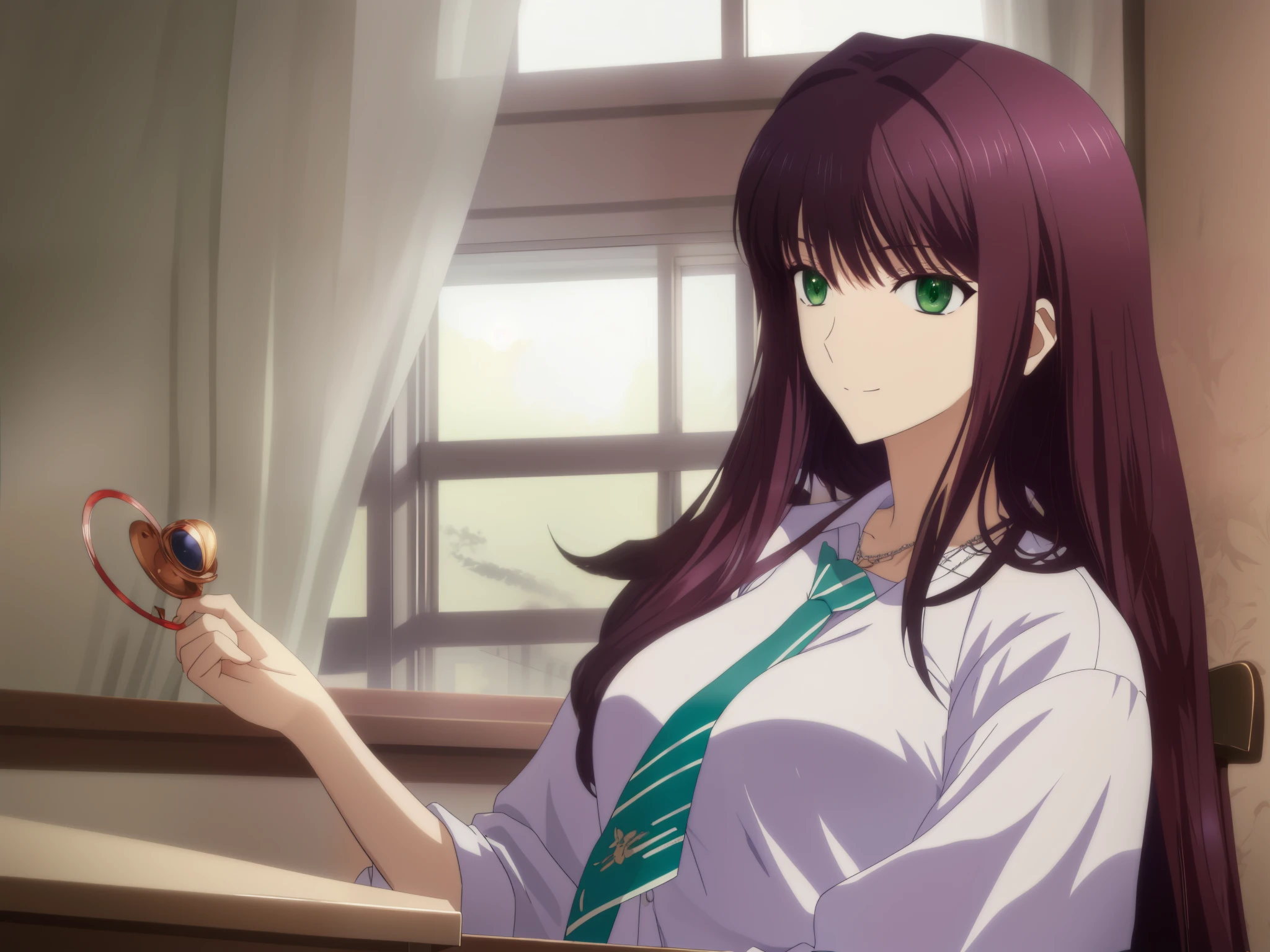 anime girl sitting at a desk with her hand on her chin,Anime scene of a girl sitting at a desk in the classroom,8K UHD, hight resolution,Very detailed CG, High quality shadows, Detail Beautiful delicate face, Detail Beautiful delicate eyes,BREAK(Very detailed 8k wallpaper),(Highly detailed CG 8K wallpaper),Makima (chain saw man),Sukasaha (Fate/grand order),Shimohira Reihua ,Hi-Res,Very delicate and beautiful CG illustration,top-quality,Realistic skin feeling,Realistic fabric,Realistic texture,beautiful thigh,big breasts thin waist,(((masutepiece))), (((Best Quality))),8K,32K,masterpiece,beautiful alluring anime woman,ultra-definition,ultra-detailliert,hight resolution,a hyperrealistic schoolgirl,masuter piece, Best Quality, High quality, High Definition, high quality texture, high quality shadow, high detailing,finely detail,1girl in,High school students,Solo,Soio,Only one person,Alone,One Person,tall,AS-Adult,Mature atmosphere,Leg length,neat and long legs,8 Head Body,stature:171cm,Mature girls,Reddish-purple hair,Reddish-purple hair,Purple hair,cassis colored hair,silky and smooth hair,Colorful hair,Straight hair,Smile,Smiling happily,lively expression,Cute smile,Cool Beauty,Beautuful Women,Neat face, Beautiful realism,Seductive look,Bewitching look,serene expressions,beautiful hairl,She wears a necklace around her neck,Necklace,bead necklace,magatama accessories,A slight smil,Colorful eyes,green colored eyes,Jade-colored eyes,beautidful eyes,Bright eye,Delicat eyes,Eyes Like Gems,Jade Eyes,Hanging eyes,(Green eyes:1.5),Seductive face,((White collared shirt)),Button shirt,neck tie,Red tie,校服,High school students,School Sweater,Dark grey sweater,plaid skirts,school buildings,by the window,Classroom,student desk,School Chairs,Schools,