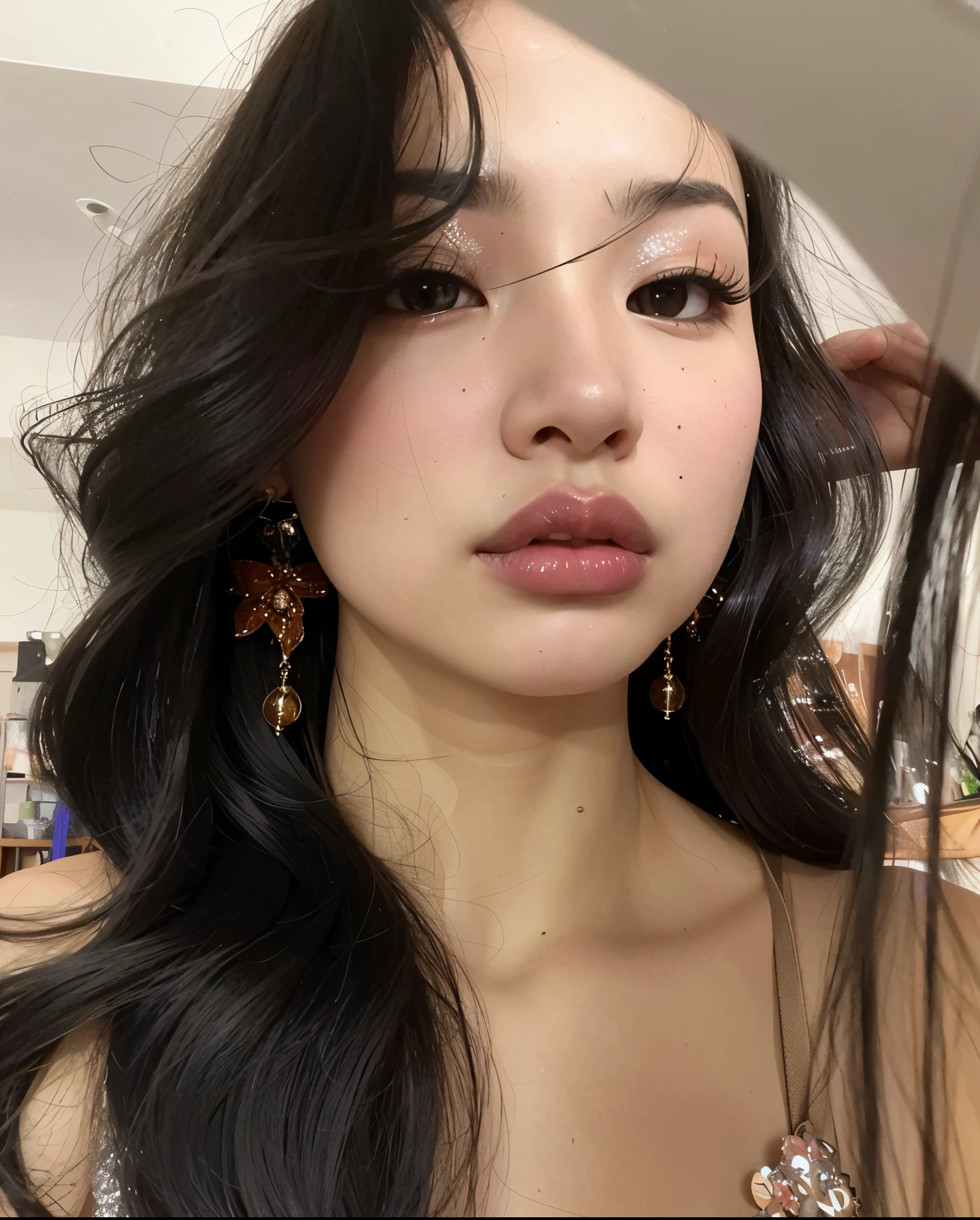 um close up de uma mulher com cabelos longos e brincos, detailed face of a asian girl, rosto sexy com maquiagem completa, Asian face, asian beautiful face, brincos longos, Gemma Chan Retrato da menina, an Asian woman, a young asian woman, gemma chan menina bonita, Beautiful Asian girl, beautiful aesthetic face, brincos enormes e maquiagem queer, Mulher sul-coreana bonita