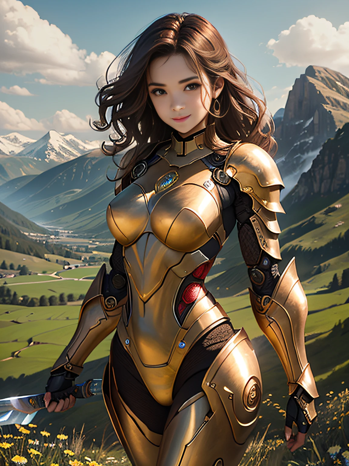 超A high resolution、An ultra-high picture quality、8K、Detailed details、marvelous expression、girl of steel、Cyborg girl、slender physique、brown hair long curly hair、wearing golden metal armor、With a big sword、Run briskly、Rin々Smile、mountain meadow landscape