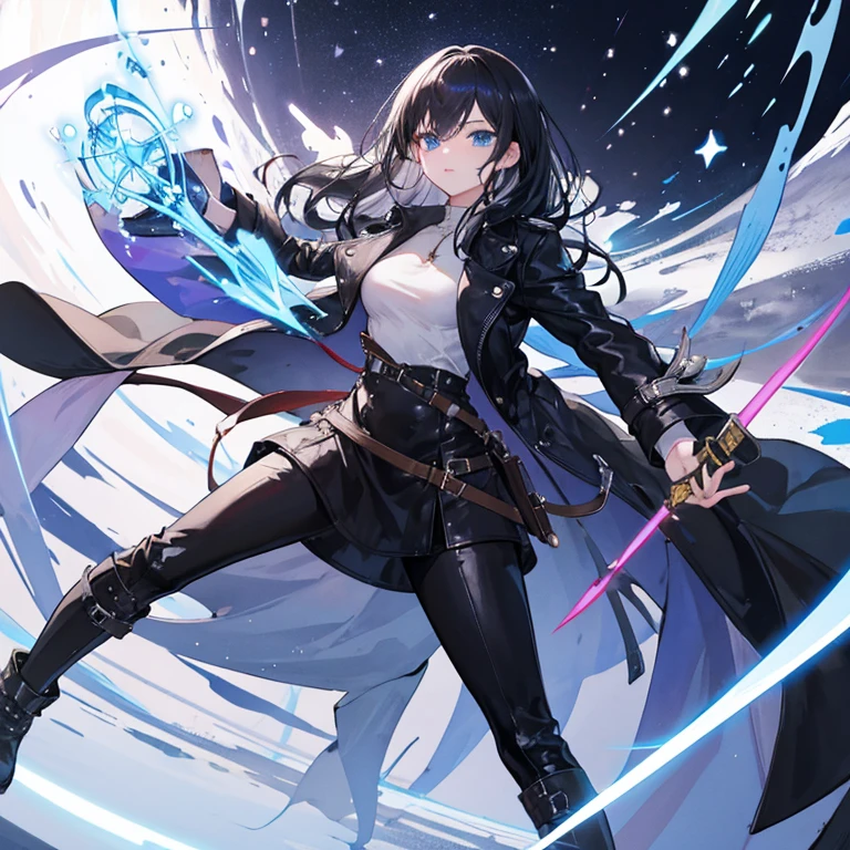 A cool girl,Long black hair and blue eyes，Black long leather trench coat，boots，Holding a magic sword，Psychic