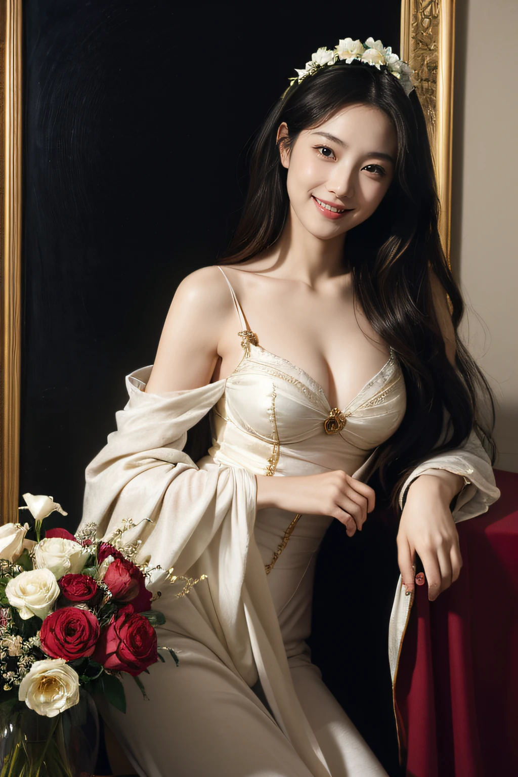 full body portrait or statue、Stained glass、Vigée Leblanc style、math、astronomical machine、astronaut、roses in vase、fruit、Cute trinkets、smile、ancient greek costume、Sandro Botticelli paintings、Costume that stretches your shoulders、A big smile、expression of ecstasy、sexy、beautiful bare skin、Detailed representation of the seducing woman throughout the body
