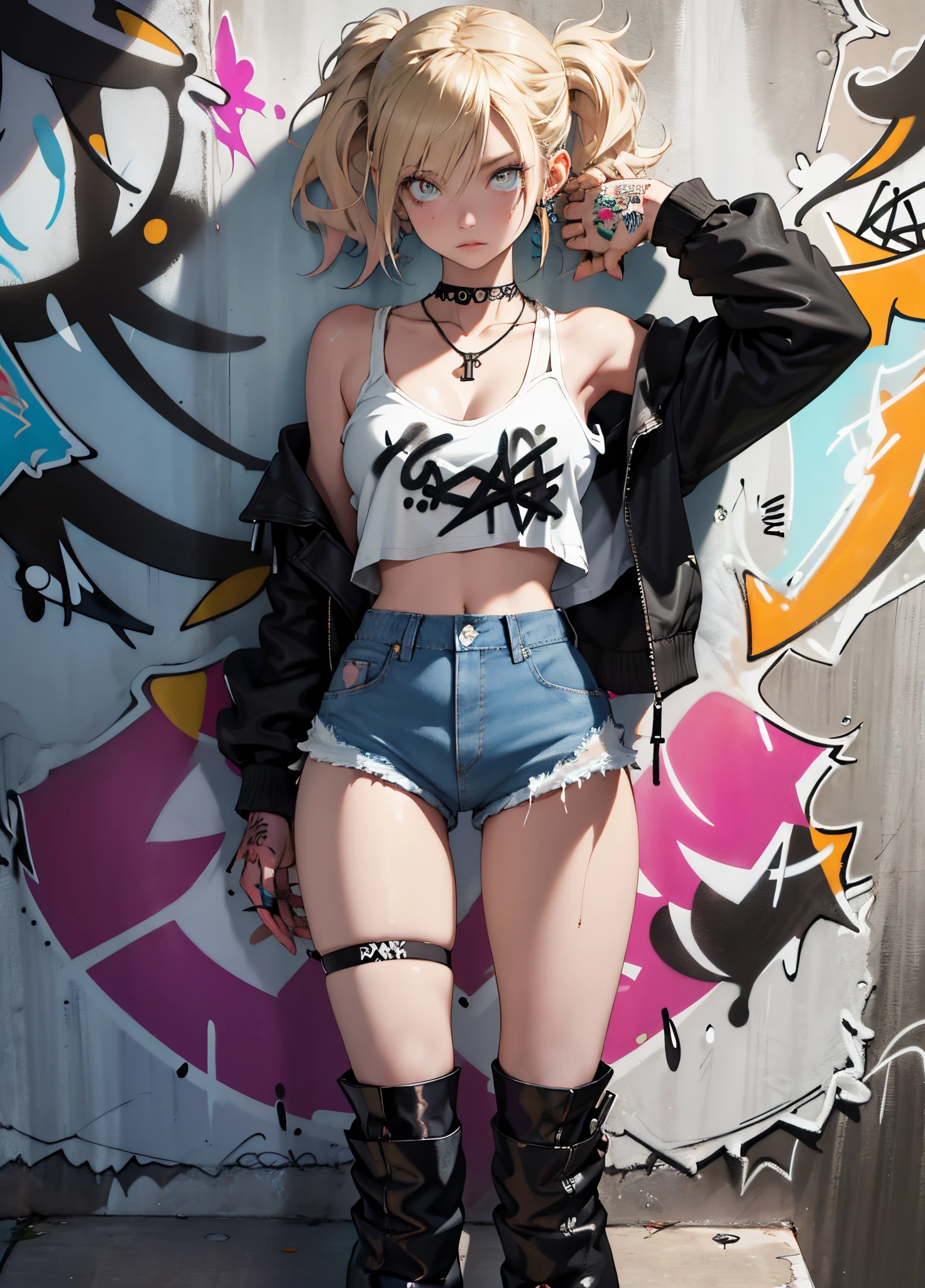 masterpiece, best quality, (extremely detailed CG unity 8k wallpaper, masterpiece, best quality, ultra-detailed, masterpiece, best quality, 1girl, solo, crop top, denim shorts, choker, (graffiti:1.5), paint splatter, arms behind back, against wall, looking at viewer, armband, thigh strap, paint on body, head tilt, bored, multicolored hair, aqua eyes, headset, Himiko Toga , clear eyes,