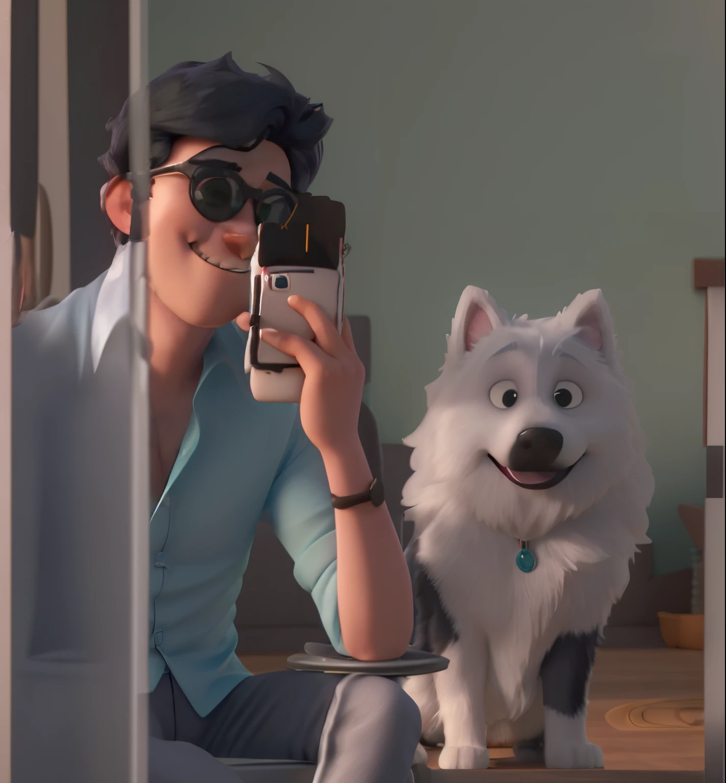 In the photo, there is a white-skinned person sitting in a turquoise shirt with sunglasses and his black hair parted in the middle. This person is smiling and next to him is a smiling Samoyed type dog. The two of them are taking photos in front of the mirror.