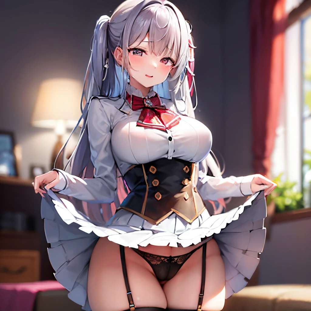 tmasterpiece, Best quality at best, (Only 1 busty girl), loosen buckle,A look of enjoyment,a skirt,White see-through panties and white stockings