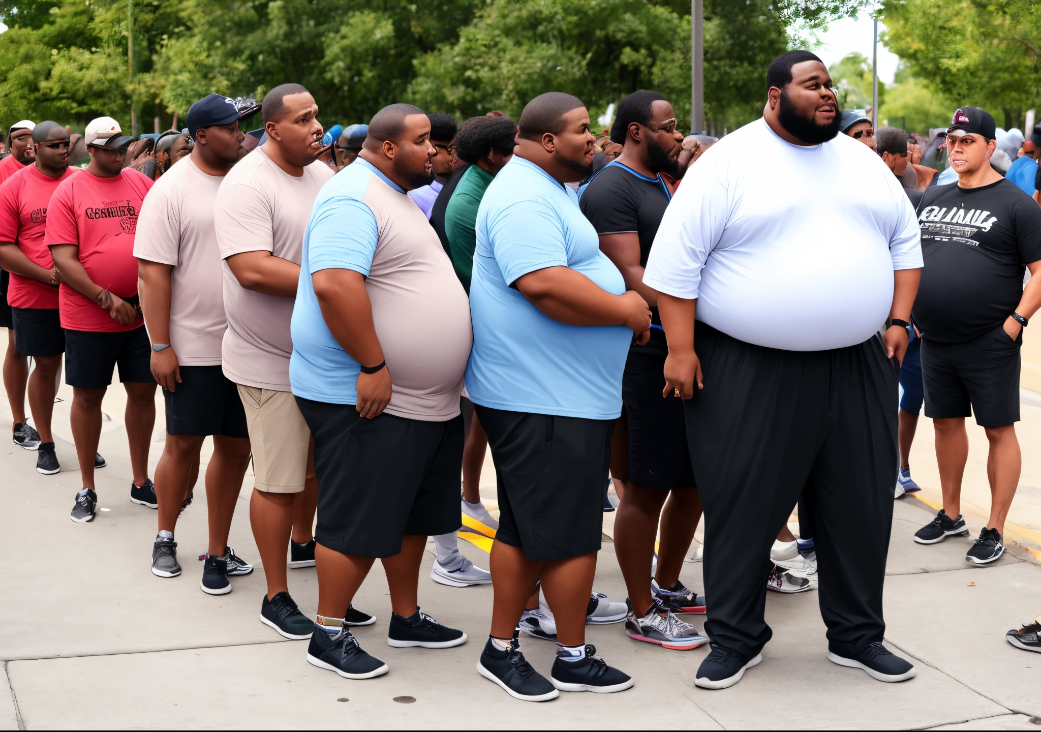 Very obese black man waiting in line