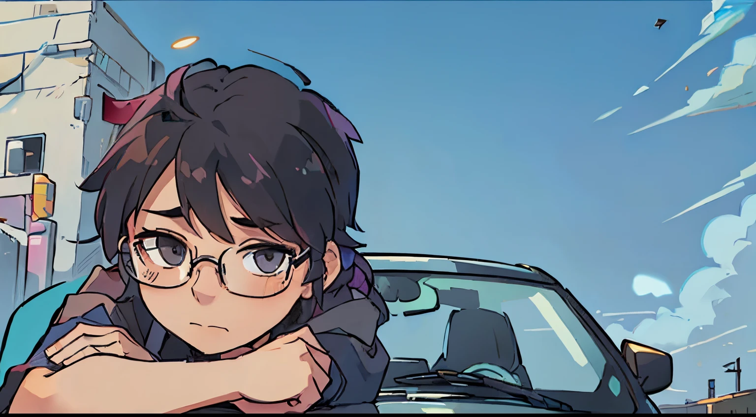 Cute male character leaning on a car and wearing glasses