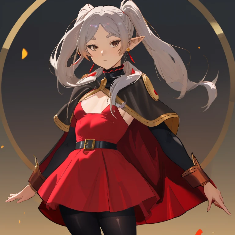 Frieren, twintails, earrings, small tits, red short dress with gold details, bare chest, short black cape, thighs, black pantyhose