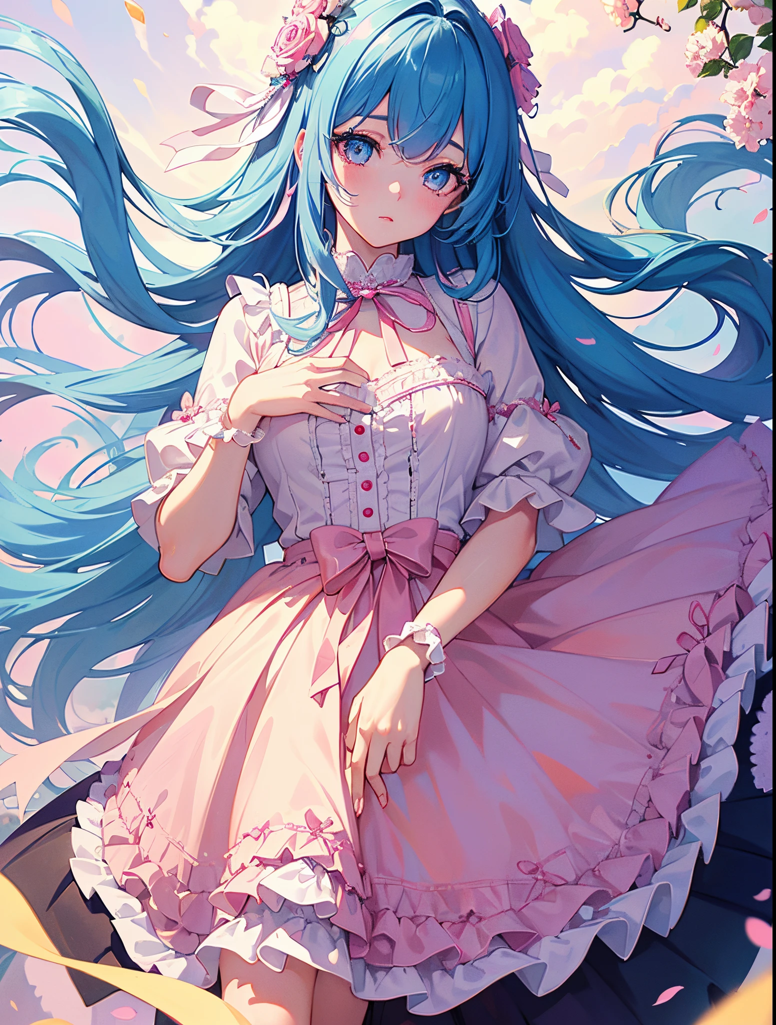 (detailed beautiful eyes and detailed face, masterpiece side light, masterpiece, best quality, detailed, high resolution illustration), (1 girl, beautiful girl, shiny skin), (sky blue hair, pink colored eyes, skirt, ribbon, button- pastel gothic ta)(kneeling on the ground)
