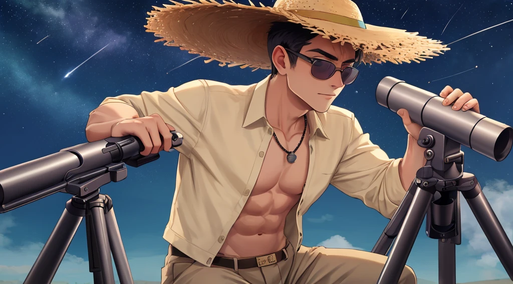 Slim man with straw hat, with crab hand, sem camisa, sun glasses, colar de contas, looking at the sky with a telescope, tripod the sky astronomy, nebulosa