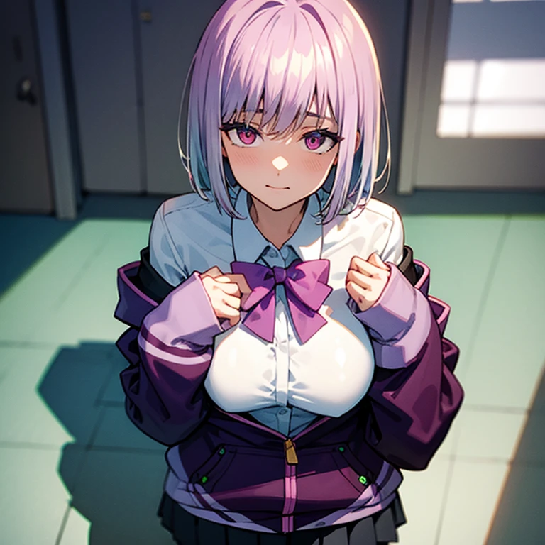 master piece,akaneshinjou, shinjou akane, light purple hair, (pink eyes:1.2), short hair,
BREAK black pantyhose, bow, collared shirt, hood, hooded jacket, jacket, open clothes, open jacket, open shirt, pantyhose, purple bow, purple jacket, school uniform, shirt, sleeves past wrists, unbuttoned shirt, white shirt,,
BREAK indoors, city,
BREAK looking at viewer, BREAK (masterpiece:1.2), best quality, high resolution, unity 8k wallpaper, (illustration:0.8), (beautiful detailed eyes:1.6), extremely detailed face, perfect lighting, extremely detailed CG, (perfect hands, perfect anatomy),