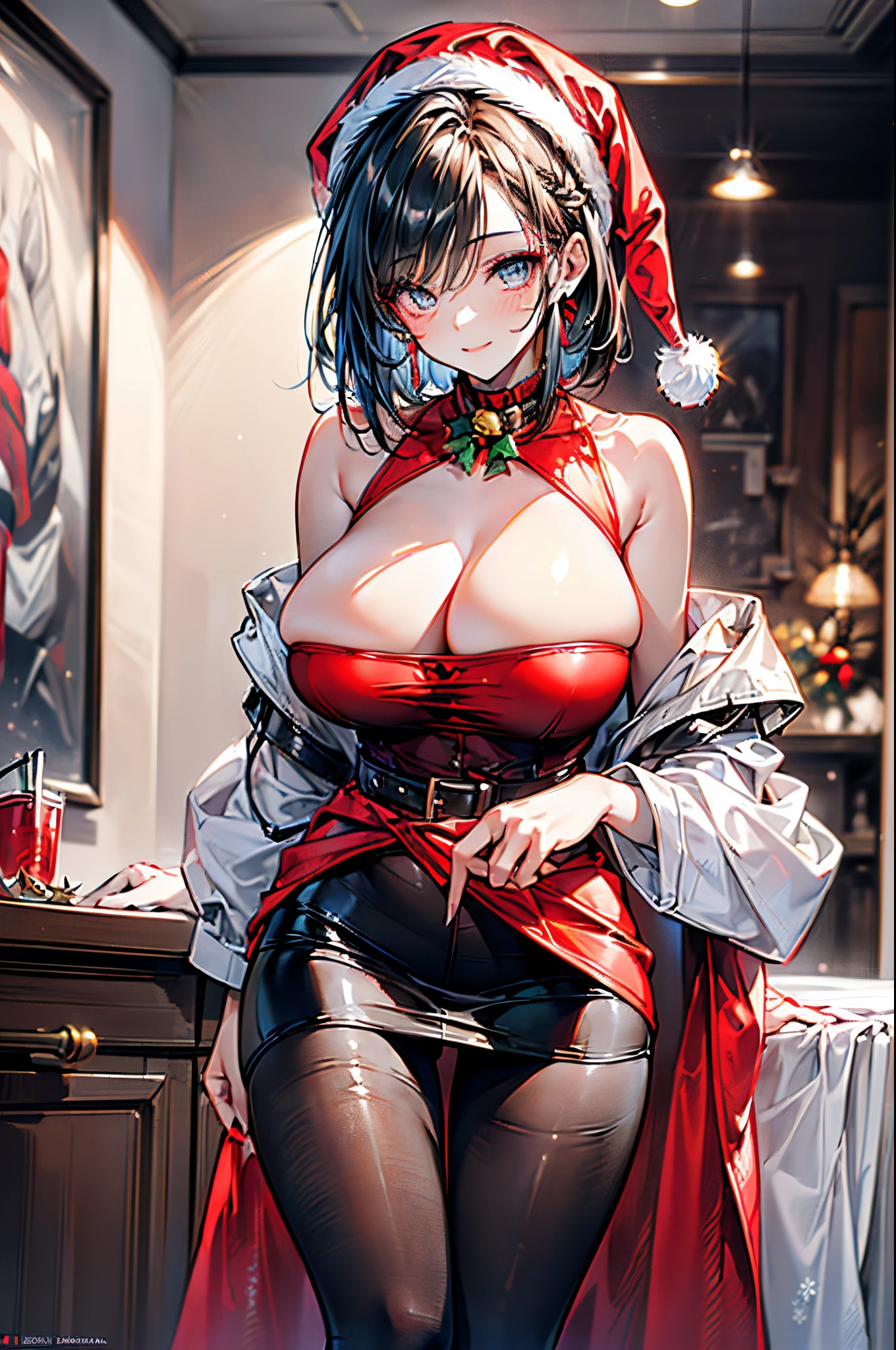 (image board:1.3), ((matured girl wearing Xmas dress with far:1.3, giving a present box to viewers:1.2, close to viewers:1.2)), a matured woman with long black hair and a red outfit, red winter coat with bore, scarfs, green neckribbon, knee length long boots, red and green winter outfits, holding present box with wrapping by ribbon:1.5, Christmas tree decorated with many ornaments, white bags on sled, wearing red pencil skirt, Arabic, bodyesbian, fine details, beautiful anime illustration, 28 years old, (milf:1.3), (solo:1.5), (sfw:1.25), (sagging breast, fuge breasts, big tits, thin waist, big ass:1.2), Raised sexy, (dark mahogany medium short hair, updo, hair over one eye, asymmetric hair, Carly hair, low tied braids), (musulman, white Headscarfs, hair bands, head vandage, Turban), (ultra high resolution, 8K RAW photo, photo realistics, thin outline:1.3, clear focus), best qualtiy, cinematic lighting, textile shading, blurry back ground, field of depth, bokeh, (Bright pupils, fine detailed beautiful eyes with highlight:1.3, super detailed eyes, high detailed face), Red lip, fine realistic skins:1.1, looking at viewers:1.3, (dynamic angle:1.3, full body:1.3, front view:1.1, tigh focus:1.3, from below:1.2), (dynamic posing:1.5, sexy posing:1.2, sitting with holding knees:1.3, leaning forward:1.2), (seductive happy smile:1.2), centered image, (wearing red long coat with bore and clothes, ((bare breast:1.37)), gold ornaments, rolling red clothes around waist, dark red long leather boots:1.3, translucent white lace pantyhose), (((correct anatomy:1.5, perfect anatomy:1.37))), (in a night:1.3), (indoors:1.2),