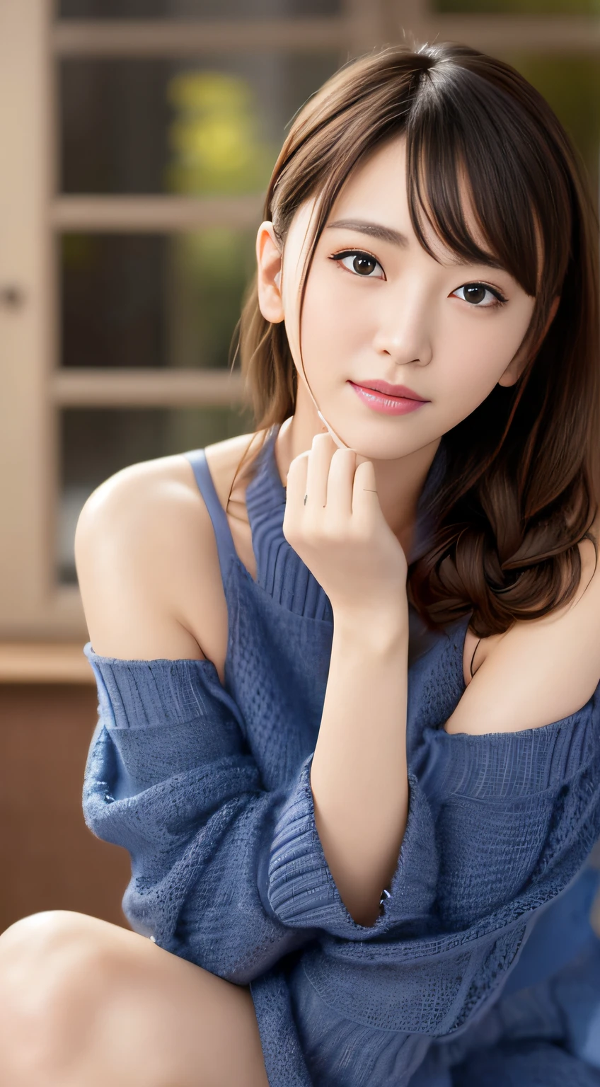 (8K, Raw photography, top-quality, masterpiece: 1.2), masterpiece, Super Detail, 超A high resolution, (Realistic and realistic photos: 1.37), high-definition RAW color photography, extremely delicate and beautiful, ighly detailed, 8K Wallpaper, astonishing, detaileds, extremely detailed eye, highlydetailed skin, extremely detailed fingers, highly detailed nose, highly detail mouth, perfect anatomia,1girl in, Off Shoulder Mini Sweater Dress, Blurry, Blurry background, Blurred foreground, blush, braid, depth of fields, eyebrows visible through hair, hair between eye, Indoors, Short hair, crouching down, Solo, window, sideways Facing、full bodyesbian、乃木坂アイドル、韓国アイドル、hposing Gravure Idol、女優、25-years old、tall、cafes、resturant、Italy、Americans、Australia,韓国アイドル、乃木坂アイドル、女優、hposing Gravure Idol、