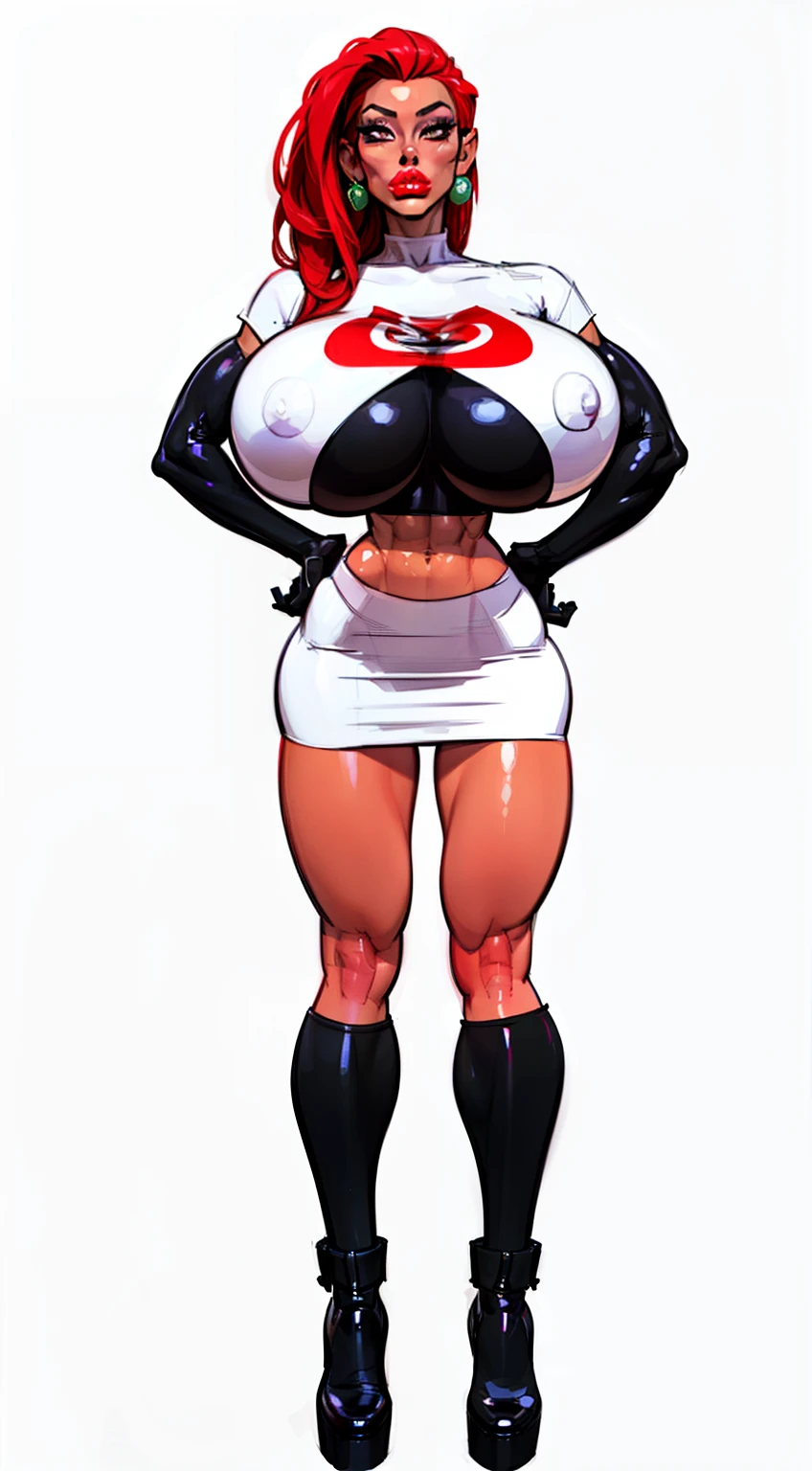 ((masterpiece)),(((best quality))),((character design sheet)), ((Jessie)), ((full body view)) mature face, (red violet hair),((asian eyes:1.4)), (long black boots), (slicked back hair), defined cheekbones, high cheekbones, illustration, muscular, sexy bimbo, (gigantic breasts:1.7) red hair, ((detailed face:1.4)) beautiful woman, (black gloves :1.2), (white skin:1.4) , (red lipstick:1.4), shiny skin, scribbles and marks,(puffy lips:1.4) , rough sketches, pose, 8k,16k, (simple background, white background: 1.3) ((cool color palette)), ((white crop top, white skirt))