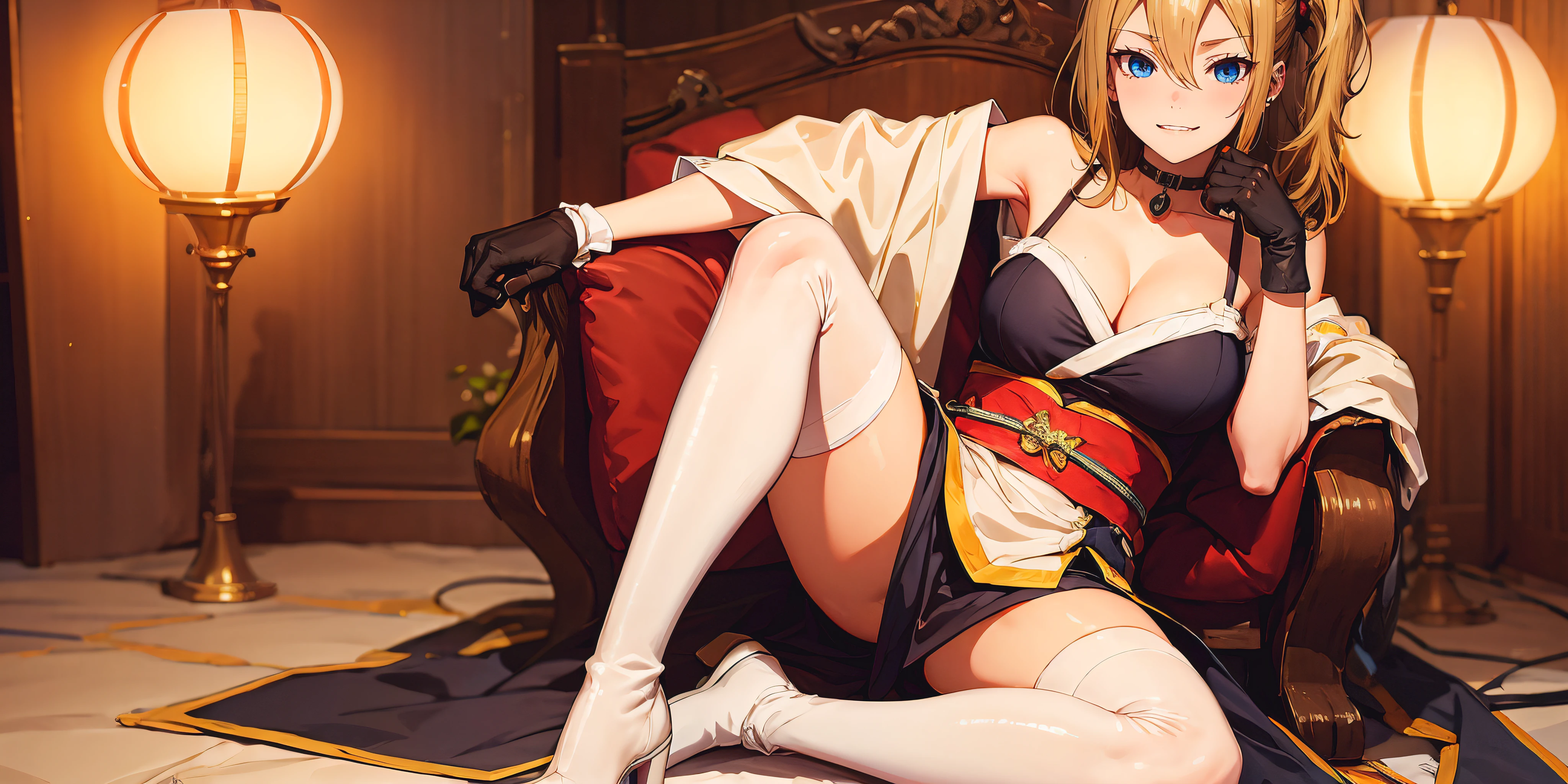 anatomically correct, best quality, masterpiece, high quality, high details, highres, HD, (shaded face:1.2), hollow eyes, blue eyes, looking at viewer, heavy breathing, smirk, upper teeth, aihayasakav4, blonde hair, side ponytail, scrunchie, 1girl, gloves, large_breasts, cleavage, long_hair, hair_over_one_eye, solo, white_legwear, looking_at_viewer, thighhighs, lantern, hair_ornament, bare_shoulders, blush, lamp, thighs, fishnets, japanese_clothes, sitting, white_gloves, boots