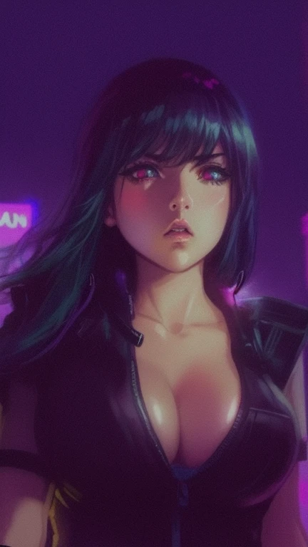 Cyberpunk,neon lights, city background, busty woman, glowing light red eyes