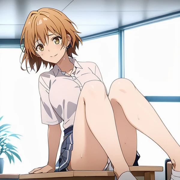 blushed、(Female 1、Japan school uniform、sit with curled under、checked skirt、White panties that cut into your thighs、Inner Stock)、Angle from below、short-hair、full body Esbian、feminine breasts、ligh brown hair、(masutepiece, Best Quality)、 Shiny skin、(1girll: nase, Naughty blush, Sweat flows)