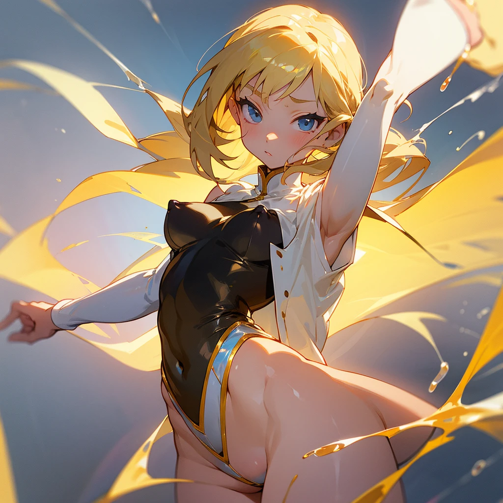 Elementary school girl,Ukrainian,ballerina,Leotard,Clothes are too small and dig into the crotch,Clear liquid dripping from the crotch,a blond,Anime style,Dance lesson background,The leotard is transparent and you can see her crotch and nipples.,