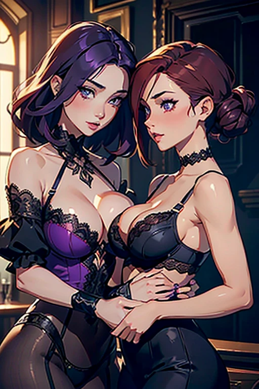 There is a Dark Purple Haired adult woman Kissing a Redhead woman, Natural MakeUp, Eyeshadow, natural makeup, long curved hait, Lace Underwear, Dentelles, Little Breast, Little boobs, Little Chest, Second Life Avatar, Beautiful screenshot, Second Life, attractive woman, high quality, highly detailed skin, dynamic pose