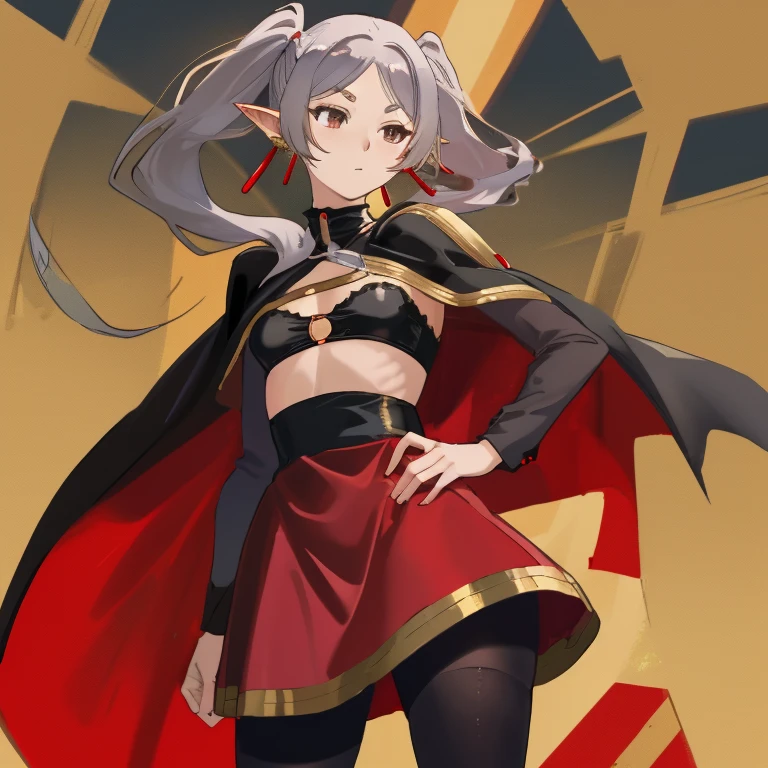 Frieren, twintails, earrings, small tits, red short dress with gold details, bare chest, short black cape, thighs, black pantyhose