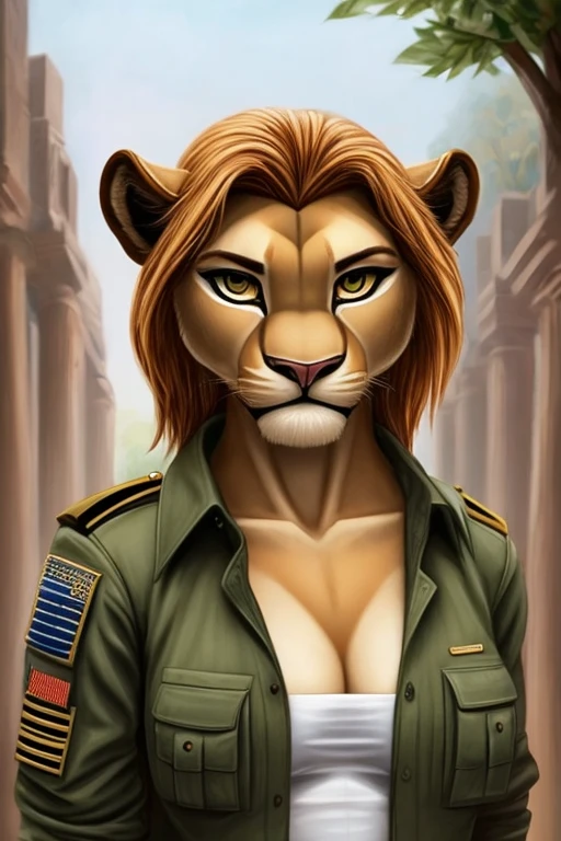 masterpiece, furry, female lioness soldier, wearing brown military clothes, detailed face, open shirt, sexy