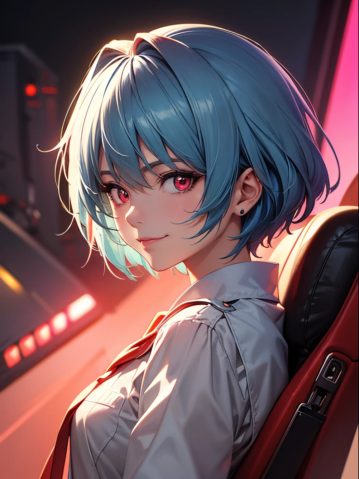 Evangelion cockpit,Masterpiece portrait of a smiling Rei Ayanami (Evangelion), Evangelion (Hideaki), Caustics, High resolution illustration,14years, Red Eyes, Feminine, no pupils, Blue hair,  Short hair, Very small breasts,Japan school uniform, lowfers, swpunk, Synth Wave, Paint splatters, shaded flat illustration, Digital Art, Trending on ArtStation, Highly detailed, Fine detail, Convoluted, Splatter, Outrun, Vaporware, neon color