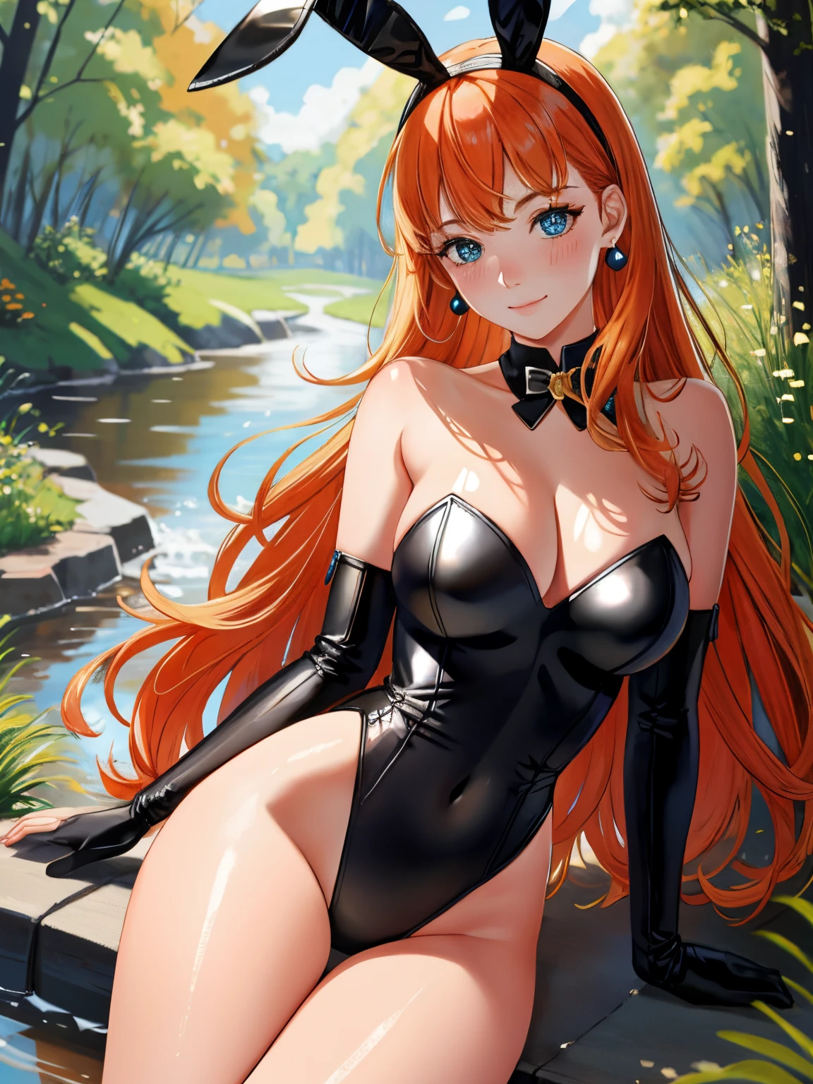 annette_war, long hair, orange hair, blue eyes, 1girl, solo, breasts, looking at viewer, blush, large breasts, nature, pond, trees, park, long white elbow gloves, holding, animal ears, cleavage, bare shoulders, jewelry, very long hair, gentle smile, pantyhose, earrings, rabbit ears, leotard, fake animal ears, playboy bunny