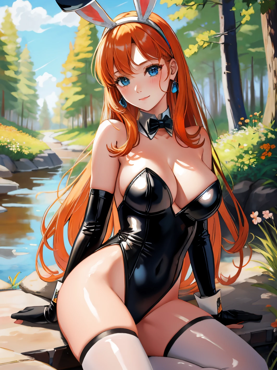annette_war, long hair, orange hair, blue eyes, 1girl, solo, breasts, looking at viewer, blush, large breasts, nature, pond, trees, park, long white elbow gloves, holding, animal ears, cleavage, bare shoulders, jewelry, very long hair, gentle smile, pantyhose, earrings, rabbit ears, leotard, fake animal ears, playboy bunny